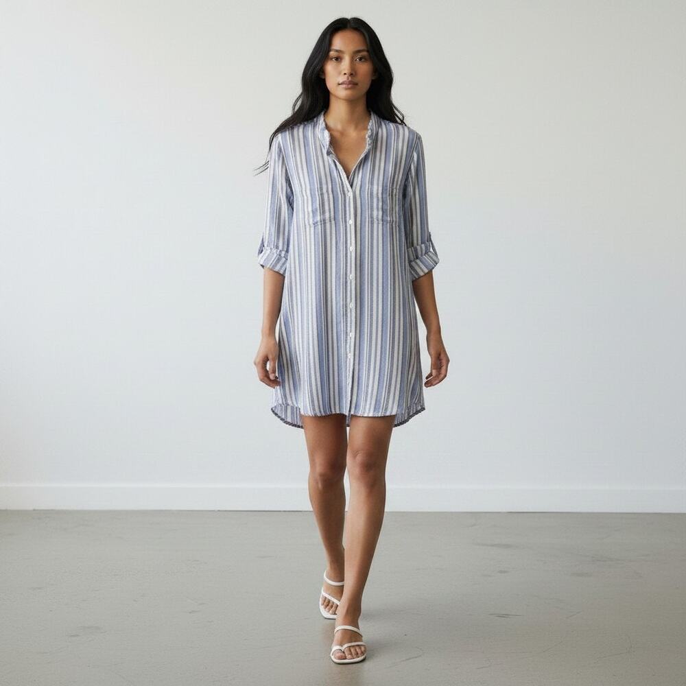 Cloth & Stone Blue Striped Linen Blend Long Sleeve Coastal Shirt Dress Size L
